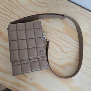 Eric Javits New York Quilted Leather Crossbody Bag Taupe Silver Logo
